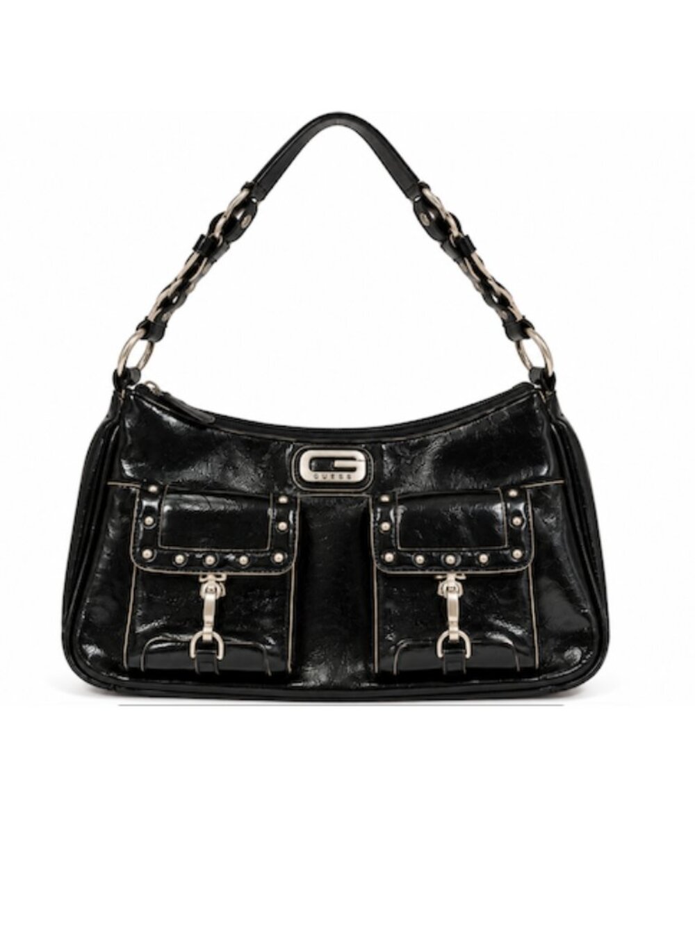 Vintage GUESS Black Patent Leather Y2K Shoulder Bag Silver Hardware Studded Purs